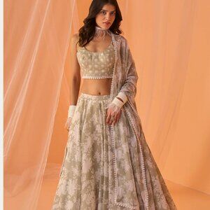 Light Sage White Floral Printed Lehenga - L